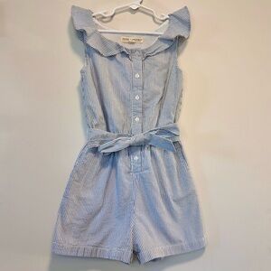 Hope & Henry Girls White/Blue Stripe Sleeveless Ruffle Romper Size 8